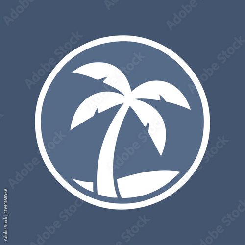 Logo agencia de viajes. Vacaciones de verano. Dibujo sencillo con siluetas de un paisaje con la palma y olas de mar en círculo con fondo azul