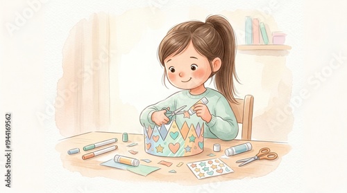 Young girl crafting with papers and glue at a wooden table  