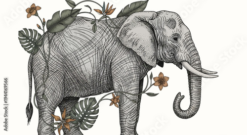 Detailed hand-drawn illustration of an elephant, adorned with lush tropical foliage and exotic flowers, vintage sketch art style, wildlife.