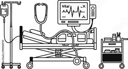 Hospital room scene with patient bed, monitor, IV stand, and medical cart