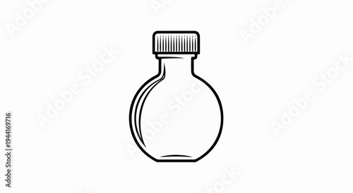 A simple, bold black outline illustration of a round glass bottle with a ribbed cap