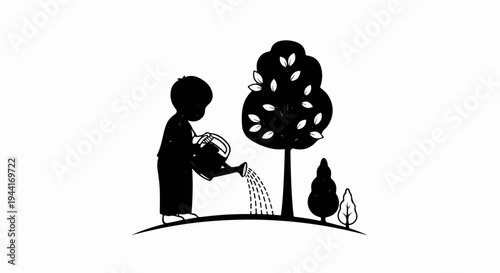 A silhouette of a person watering trees in a stylized minimalist drawing