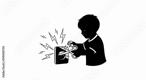 Silhouette of child cutting a ringing phone with scissors
