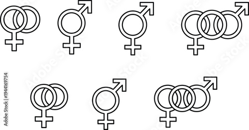Male and female gender symbol line icons set representing relationship, gender identity and equality concept with Mars and Venus signs