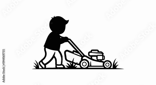 Silhouette of a person pushing a lawn mower through grass