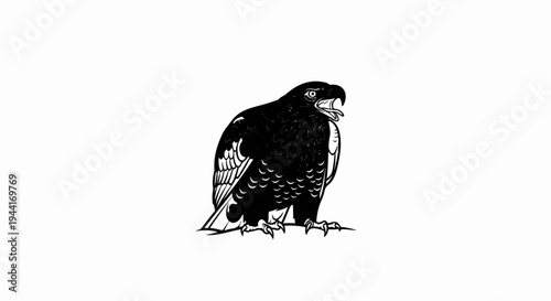 Black and white illustration of an eagle with its beak open