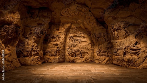 Dinosaur Fossils in a Natural Cave Formation with Dramatic Lighting