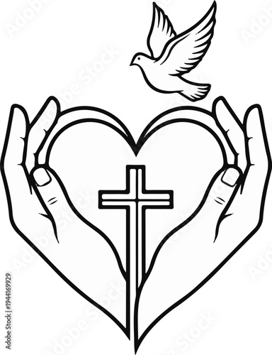 Hands cradling a heart with a cross, a dove flies overhead