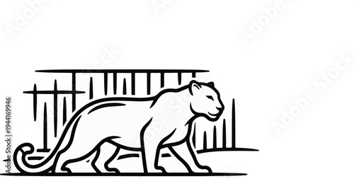 Stylized outline of a wild cat walking behind bars