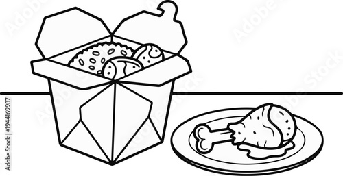 Takeout container with food and a chicken leg on a plate