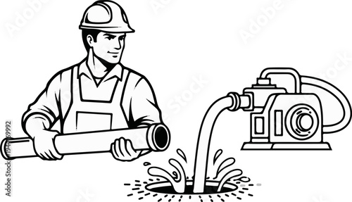 Construction worker with pipe and water pump draining a hole