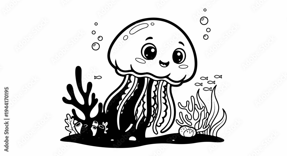Obraz premium Happy cartoon jellyfish with tentacles, fish, and coral