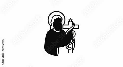 Stylized figure with halo holding a cross with ribbon and star
