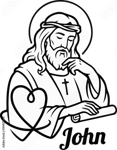 Stylized depiction of a religious figure with a halo, holding a scroll