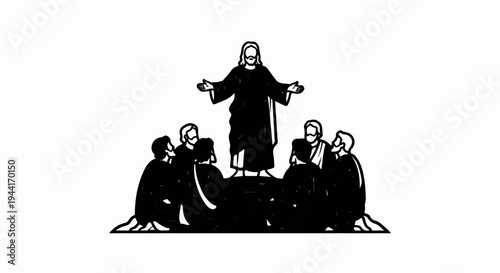 Figure stands with arms outstretched speaking to a group of followers