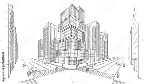 Two-point perspective architectural sketch of a busy metropolitan intersection featuring a modular tiered skyscraper, pedestrians, and city traffic.