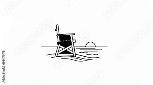 Lifeguard tower stands by the ocean at sunset, silhouette