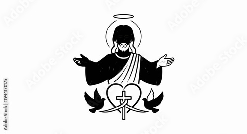Stylized depiction of Jesus with a halo, heart, cross, and doves