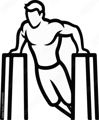 Stylized illustration of a muscular man performing dips on parallel bars