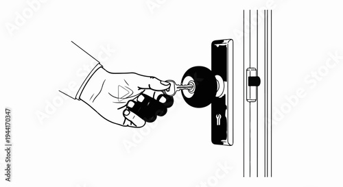 Hand inserting key into round doorknob on modern door