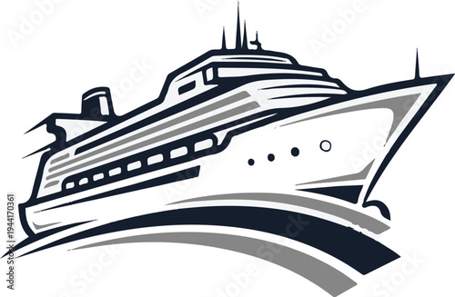 A stylized illustration of a large passenger vessel moving through waves