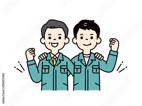 肩を組んでガッツポーズをする、作業着の2人の男性・現場作業員の上半身ベクターイラスト素材