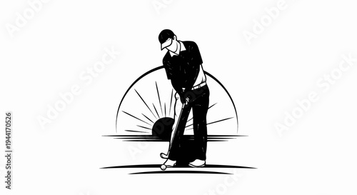 Golfer swings club at a setting sun over a watery horizon