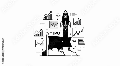 Rocket launch with IPO flag and financial charts representing growth and investment