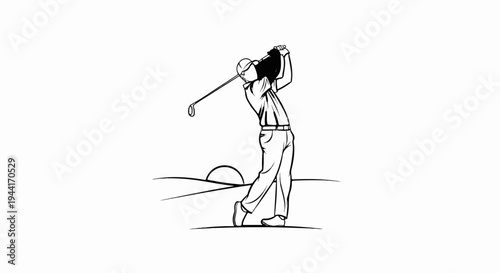 Golfer making a swing against a sunset horizon on a course