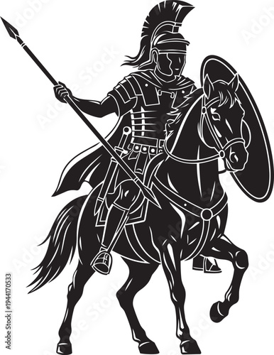 Ancient Roman soldier on horseback with spear and shield, historical military illustration