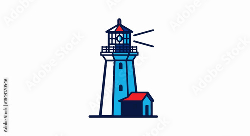A stylized, cartoon-like lighthouse with a small adjacent structure, emitting light