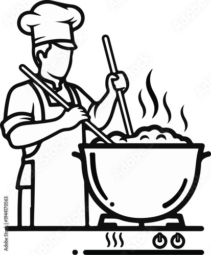 Chef stirring food in a large pot on a stove