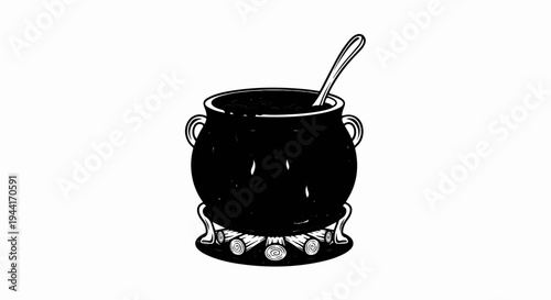 Black cauldron filled with dark beans and a spoon on a log fire stand