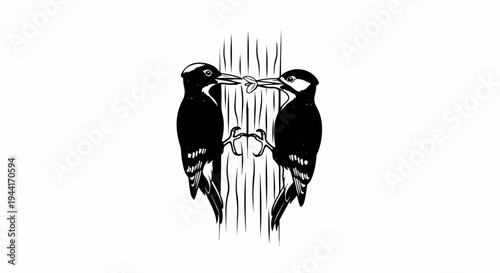 Two woodpeckers sharing a branch, one with a twig in beak