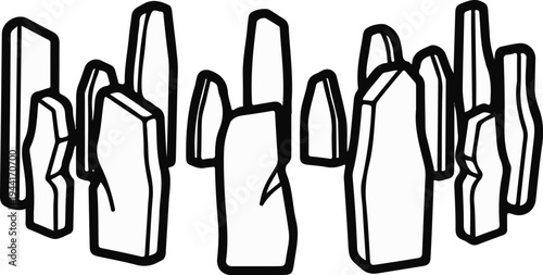 Stylized line art illustration of various standing stones in a rough formation