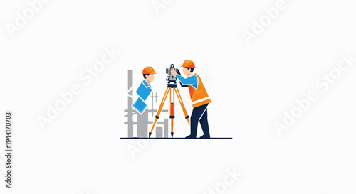 Two surveyors with surveying equipment on a tripod