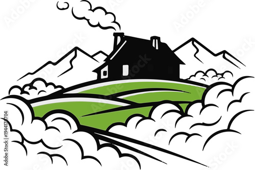 Rustic dwelling atop rolling hills, with majestic peaks behind