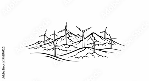 Wind turbines dot a mountainous landscape with cloudy valleys below