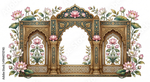 An ornate golden toned mughal archway framed with blooming pink and white lotus flowers on transparent background