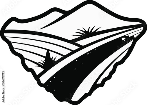 Stylized black and white depiction of a mountainous landscape with fields and a road