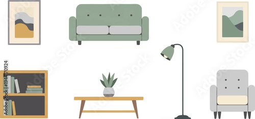 A minimalist living room arrangement with artwork, seating, and lighting