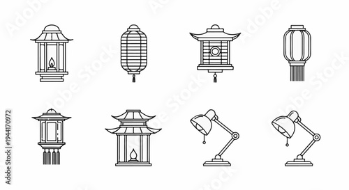 Collection of line art icons depicting traditional lanterns and modern desk lamps