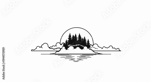 Silhouette of pine trees on an island in a sunlit ocean with clouds