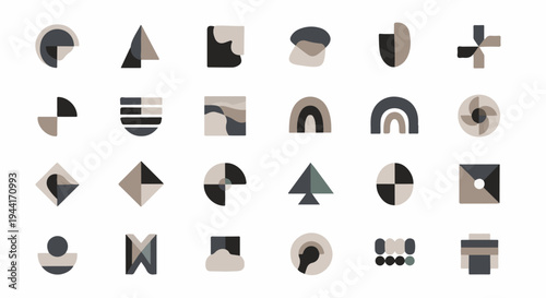 Collection of abstract geometric shapes and organic forms in muted tones