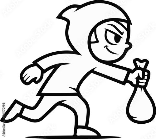 Cartoon figure in hooded clothing, running and carrying a bag of loot