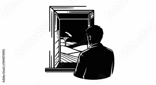 Man in silhouette gazes out an open window at a stylized rural landscape