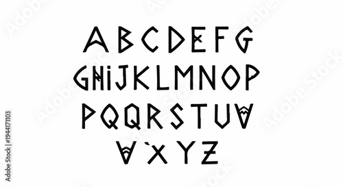 A unique, hand-drawn alphabet with angular, stylized characters on a white background