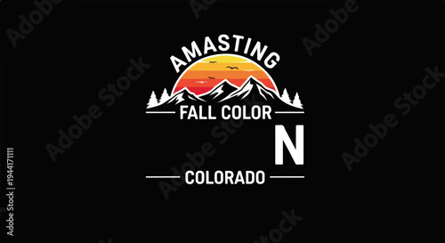 Mountain landscape with sun and trees, indicating fall colors and a location