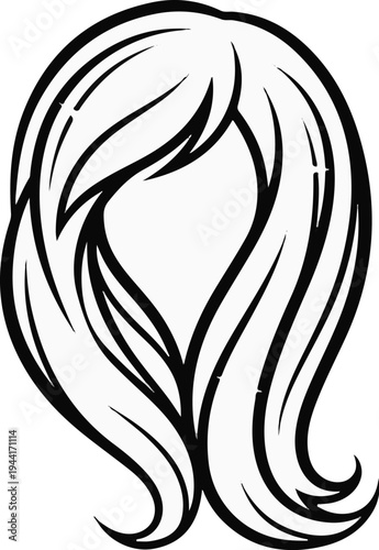 Black and white illustration of flowing, layered hair in a classic style