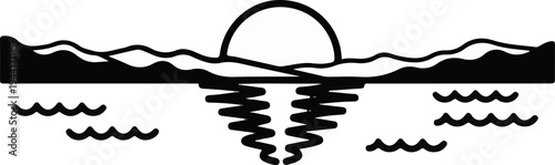 Stylized sunset over water with reflected sunrays and rolling hills